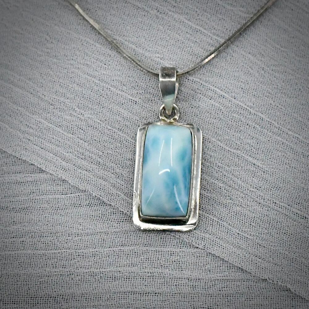 925 Sterling Silver Larimar Pendant Necklace 16" Rectangular 6.24g